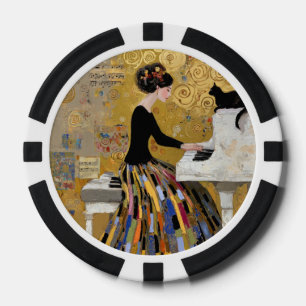 Lot De Jeton De Poker Dame au piano Gold Klimt avec chat noir
