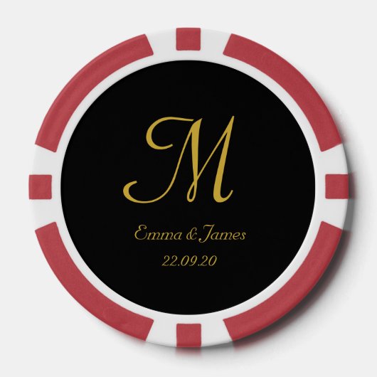 Lot De Jeton De Poker Élégant Mariage de script de monogramme noir et or (Recto)
