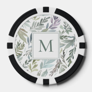 Lot De Jeton De Poker Élégant Monogramme Vert Bleu Botanique Aquarelle