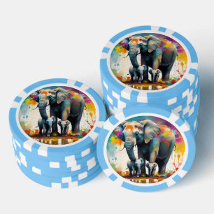 Lot De Jeton De Poker Eléphants De La Mère Et Du Bébé Couleur Splash,