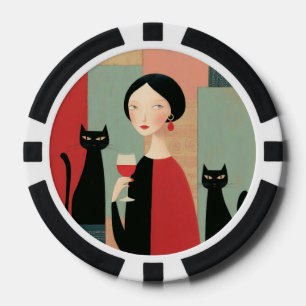 Lot De Jeton De Poker Femme Élégante Chats Noirs et Vin