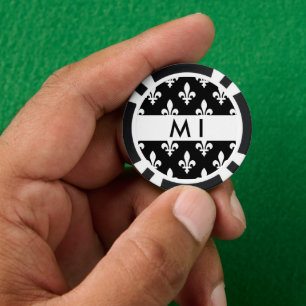 Lot De Jeton De Poker Fleur de Lis, Blanc sur Noir, Blanc, Votre Nom