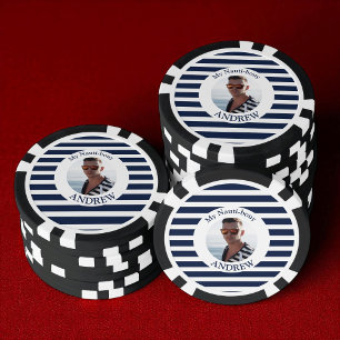 Lot De Jeton De Poker Fun Nautique Bleu rayé Photo personnalisée