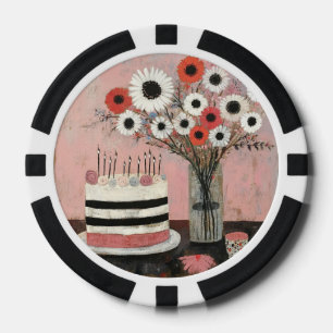 Lot De Jeton De Poker Gâteau d'anniversaire chic et fleurs de gerbera