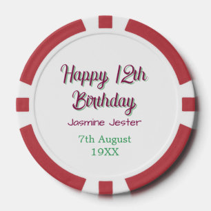 Lot De Jeton De Poker joyeux 12e anniversaire vert rose nom date simple