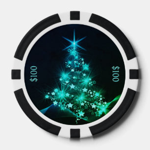 Lot De Jeton De Poker Lueur verte d'étoiles sur l'arbre de Noël sombre