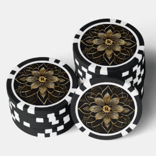 Lot De Jeton De Poker Mandala Floral Or Monogramme Initial Noir Élégant