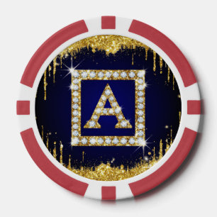 Lot De Jeton De Poker Monogramme doré initial A avec paillettes bleues