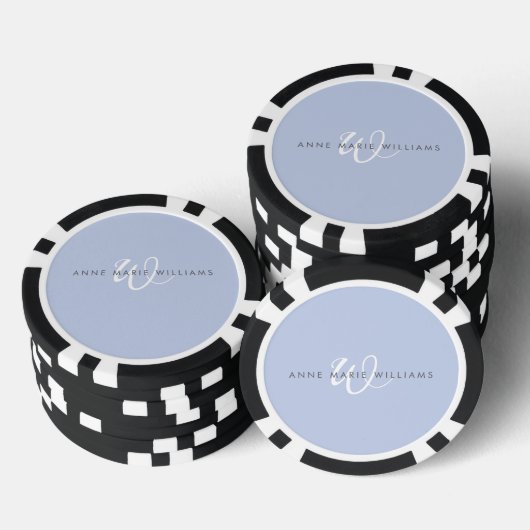 Lot De Jeton De Poker Monogramme Moderne Bleu Blanc Script (Empiler)