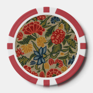 Lot De Jeton De Poker Motif floral en broderie laine vintage rouge et or
