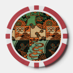 Lot De Jeton De Poker Motif rétro de chrysanthème et de vague japonais