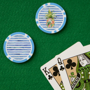 Lot De Jeton De Poker Rayures Blanches Bleues Fleur Tropicale Ananas