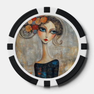 Lot De Jeton De Poker Regard Calme d'une Élégante Dame aux Yeux Bleus