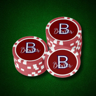 Lot De Jeton De Poker Rouge Blanc & Bleu Nom et Monogramme Personnalisé