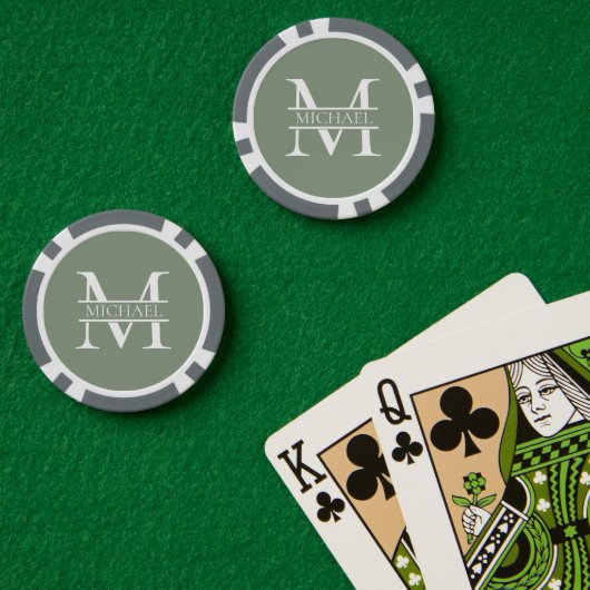 Lot De Jeton De Poker Sage Vert Elégant Personnalisé Monogramme & Nom (Table de poker (double))