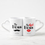 Lot De Mugs Photo drôle Couples<br><div class="desc">Le cadeau parfait pour n'importe quel couple, le design amusant et moderne comprend une moustache noire sur la tasse "The Boss" et des lèvres rouges sur la tasse "The Real Boss". Les noms et les photos sont faciles à personnaliser pour rendre cette tasse unique au couple spécial.</div>