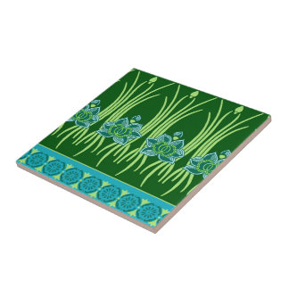 LOTUS, ART NOUVEAU FLORAL: BLAUW GROENE SCHERM TEGELTJE