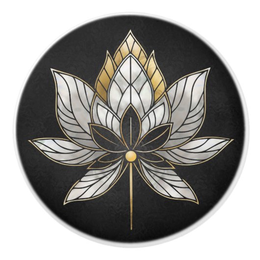 Lotus Bloem - Zwart, Parel en Goud Keramische Knop (Voorkant)