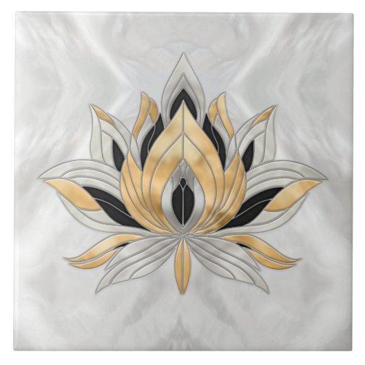 Lotus Bloem - Zwart, Parel en Goud Tegeltje (Voorkant)