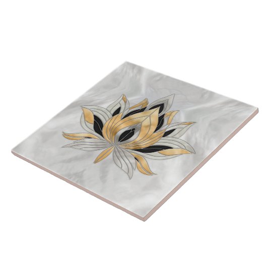 Lotus Bloem - Zwart, Parel en Goud Tegeltje (Zijkant)