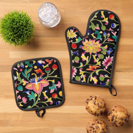 Lotus bloemen en wijnstokken ovenwant & pannenlap set (Top down)
