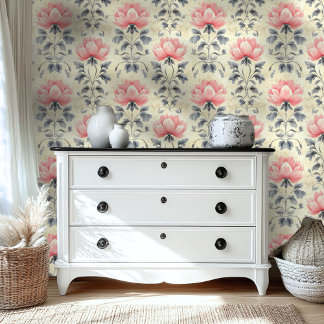 Lotus Bloemige Aquarel Roze en Grijs Damast Behang