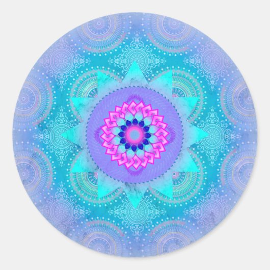 Lotus Bloom Turquoise Mandala Ronde Sticker (Voorkant)