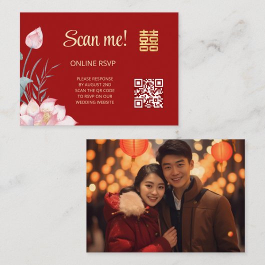 Lotus Chinese bruiloft QR Code RSVP Online Informatiekaartje (Voorkant / Achterkant)
