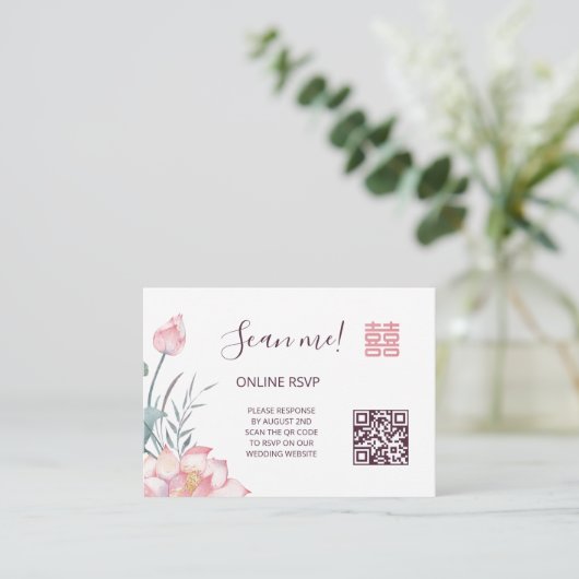 Lotus Chinese bruiloft QR Code RSVP Online Informatiekaartje (Staand voorkant)