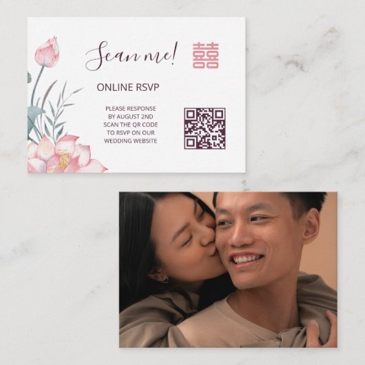 Lotus Chinese bruiloft QR Code RSVP Online Informatiekaartje (Voorkant / Achterkant)