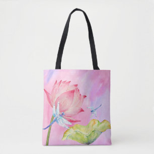 lotus dragonflies waterverf zomer zachte roze tas