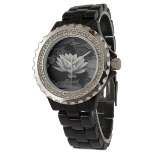 Lotus Flower Grey Black en White Horloge