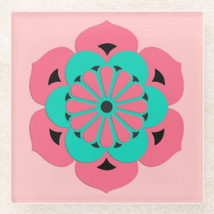 Lotus Flower Mandala, Coral Pink en Turquoise Glazen Onderzetter