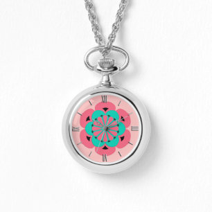 Lotus Flower Mandala, Coral Pink en Turquoise Horloge