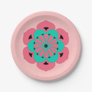 Lotus Flower Mandala, Coral Pink en Turquoise Papieren Bordje