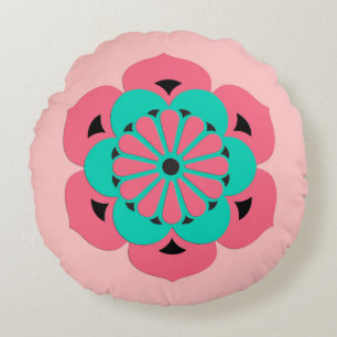 Lotus Flower Mandala, Coral Pink en Turquoise Rond Kussen