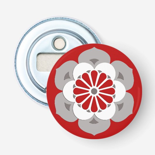 Lotus Flower Mandala, Dark Red, Grey and White Button Flesopener (Voorkant)