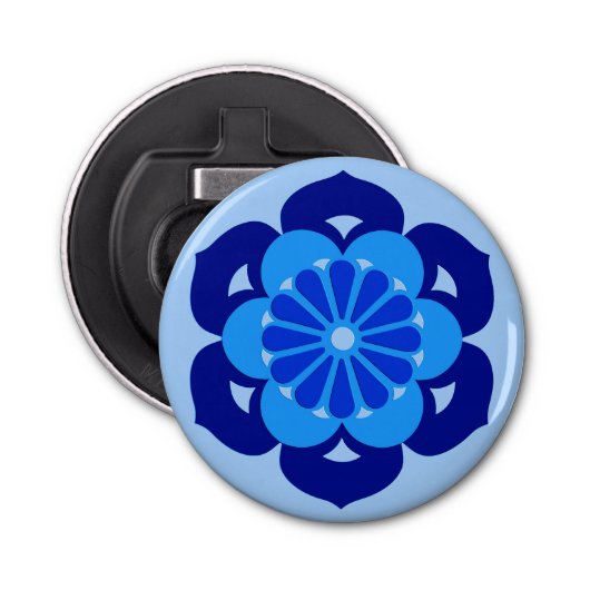 Lotus Flower Mandala, Indigo and Light Blue Button Flesopener (Voorkant)