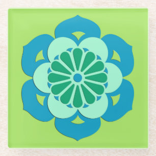 Lotus Flower Mandala, Lime Green en Light Blue Glazen Onderzetter