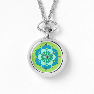 Lotus Flower Mandala, Lime Green en Light Blue Horloge