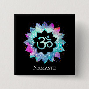 *~* Lotus Flower OM AUM Symbol Waterverf Mandala Vierkante Button 5,1 Cm