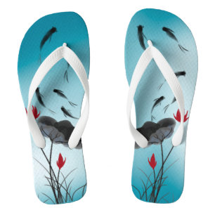 Lotus Flowers & Fish Green Gradient Ink Painting Teenslippers