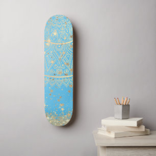 Lotus Mandala Glitter Gouden Sterren op Turquoise Skateboard