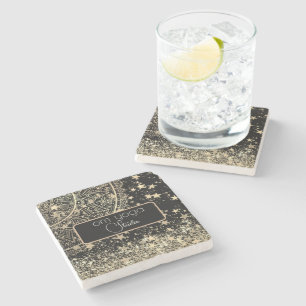 Lotus Mandala met Gouden Sterren op Zwart Geperson Stenen Onderzetter