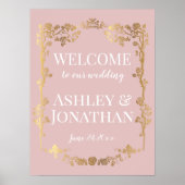 Lotus Pink en Gold Rozen Lijst Weddenschap Welkom Poster (Voorkant)