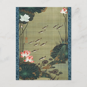 Lotus Pond en visillustratie door Ito Jakuchu Briefkaart