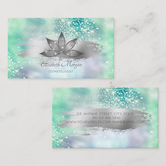 Lotus Sparkle Brush Stroke Green Holographic Visitekaartje (Voorkant / Achterkant)