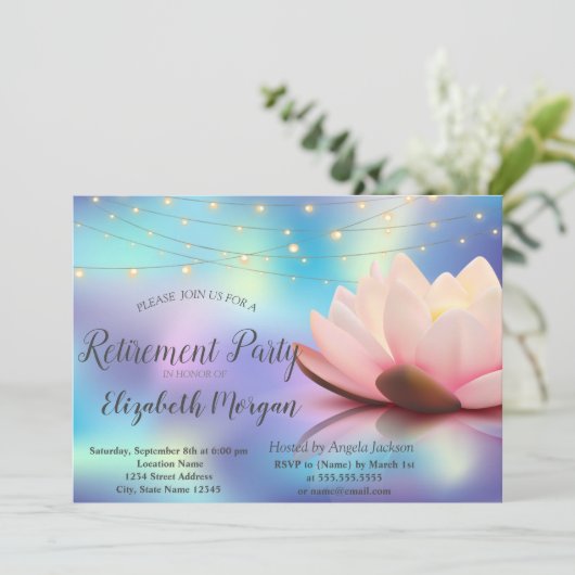 Lotus String Lights Holographic Retirement Party Kaart (Staand voorkant)