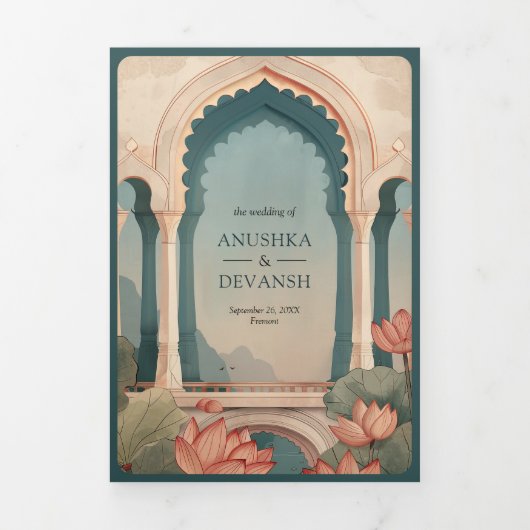  Lotus Vijver Rustiek Indiaas Paleis Bruiloft Drieluik Uitnodiging (Cover)