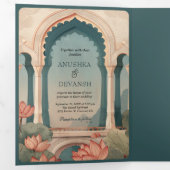 Lotus Vijver Rustiek Indiaas Paleis Bruiloft Drieluik Uitnodiging (Binnenzijde eerst)